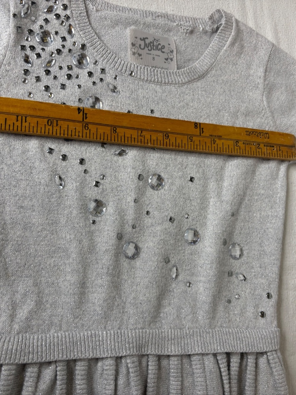 Justice Rhinestone Sparkley Sweater Silver Girl Dress Size 8 Y2K - Picture 8 of 9